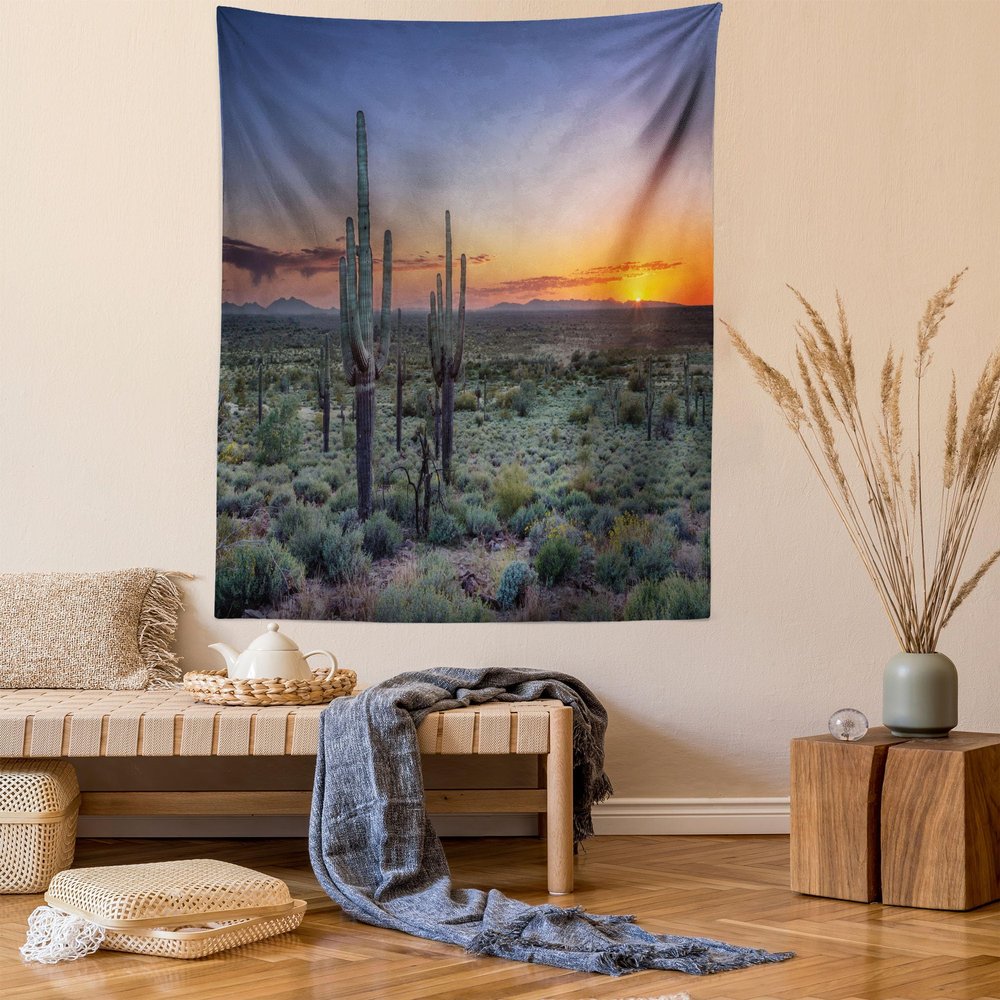 Ambesonne Saguaro Tapestry, Sunset Over The Phoenix Valley in Arizona Mountain State Park, Wall Hanging for Bedroom Living Room Dorm Decor, 40" X 60", Green Mauve