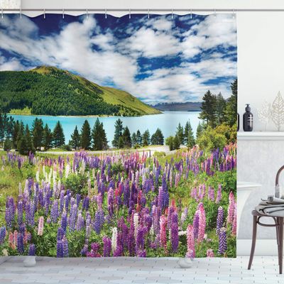 Ambesonne Nature Shower Curtain, Mountain Lake and Colorful Flowers of Blossoms with Pine Trees in New Zealand by Lakeside View, Cloth Fabric Bathroom Decor Set with Hooks, 69" W x 84" L, Blue Pink