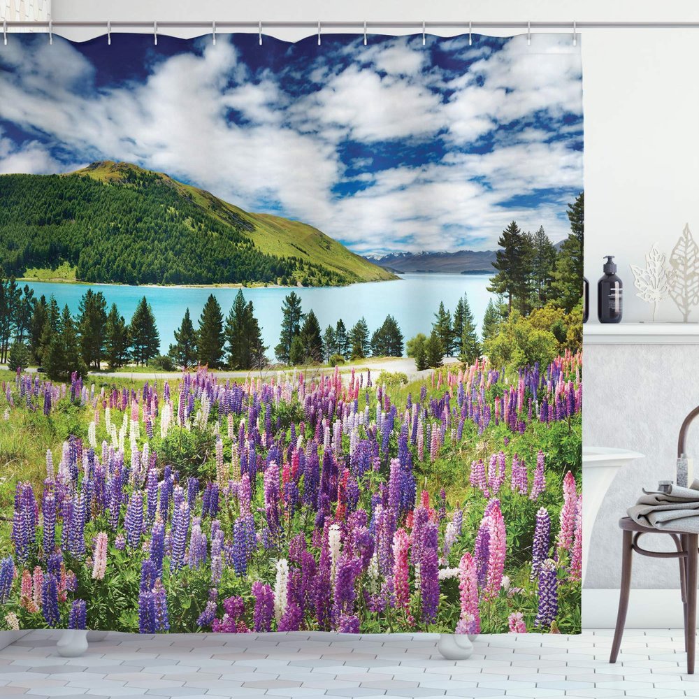Ambesonne Nature Shower Curtain, Mountain Lake and Colorful Flowers of Blossoms with Pine Trees in New Zealand by Lakeside View, Cloth Fabric Bathroom Decor Set with Hooks, 69" W x 84" L, Blue Pink