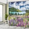 Ambesonne Nature Shower Curtain, Mountain Lake and Colorful Flowers of Blossoms with Pine Trees in New Zealand by Lakeside View, Cloth Fabric Bathroom Decor Set with Hooks, 69" W x 84" L, Blue Pink view 4