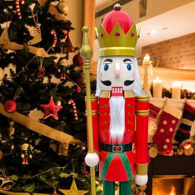 CDL 60" 5ft Tall Life-Size Large/Giant red Christmas Wooden Nutcracker King Ornament on Stand Holds Golden Scepter for Indoor Outdoor Xmas/Event/Ceremonies/Commercial Decoration K03