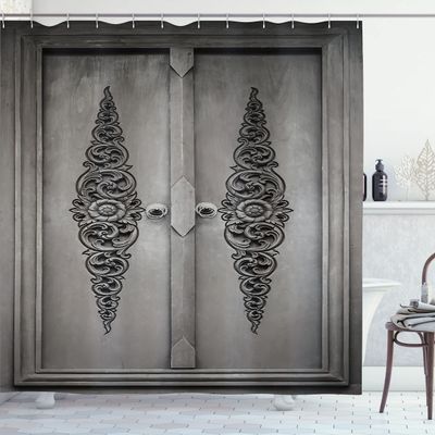 Ambesonne Antique Shower Curtain, Antique Door with Vertical Ornamental Floral Pattern Travel Treasure Monochromic, Cloth Fabric Bathroom Decor Set with Hooks, 69" W x 70" L, Grey Black