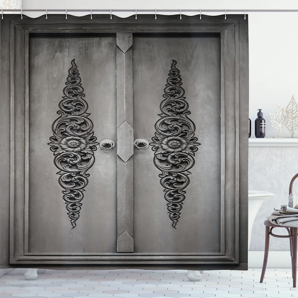 Ambesonne Antique Shower Curtain, Antique Door with Vertical Ornamental Floral Pattern Travel Treasure Monochromic, Cloth Fabric Bathroom Decor Set with Hooks, 69" W x 70" L, Grey Black