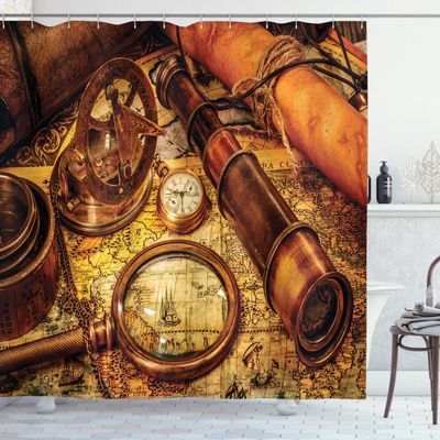 Ambesonne Antique Shower Curtain, Magnifying Glass Compass Telescope and Pocket Watch on an Old Map Nautical, Cloth Fabric Bathroom Decor Set with Hooks, 69" W x 84" L, Orange Brown Yellow