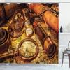 Ambesonne Antique Shower Curtain, Magnifying Glass Compass Telescope and Pocket Watch on an Old Map Nautical, Cloth Fabric Bathroom Decor Set with Hooks, 69" W x 84" L, Orange Brown Yellow view 1
