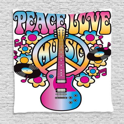 Ambesonne Groovy Tapestry, Peace Love Music Text Guitar Records Flowers Musical Notes Illustration, Wall Hanging for Bedroom Living Room Dorm Decor, 60" X 80", Blue Pink Yellow
