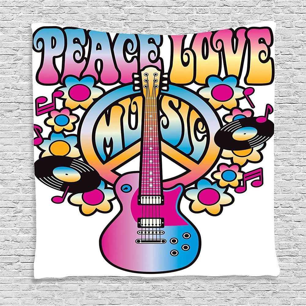 Ambesonne Groovy Tapestry, Peace Love Music Text Guitar Records Flowers Musical Notes Illustration, Wall Hanging for Bedroom Living Room Dorm Decor, 60" X 80", Blue Pink Yellow