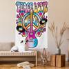 Ambesonne Groovy Tapestry, Peace Love Music Text Guitar Records Flowers Musical Notes Illustration, Wall Hanging for Bedroom Living Room Dorm Decor, 60" X 80", Blue Pink Yellow view 2