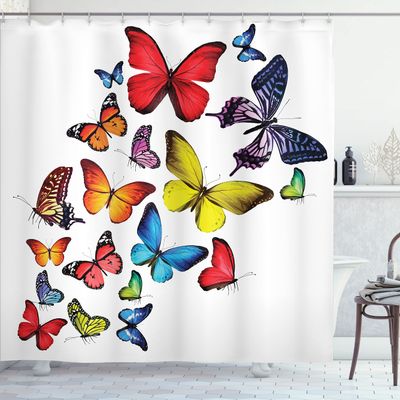 Ambesonne Butterflies Shower Curtain, Many Different Butterflies Romance Togetherness Joy Wildflowers Hiking Trees, Cloth Fabric Bathroom Decor Set with Hooks, 69" W x 84" L, Red Yellow