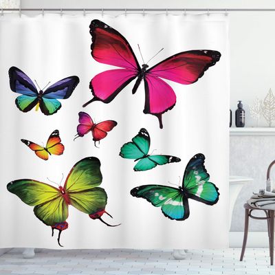 Ambesonne Butterflies Shower Curtain, Butterflies Flying Freedom Happiness Holidays Summertime Tropic Jungle Theme, Cloth Fabric Bathroom Decor Set with Hooks, 69" W x 84" L, Multicolor White