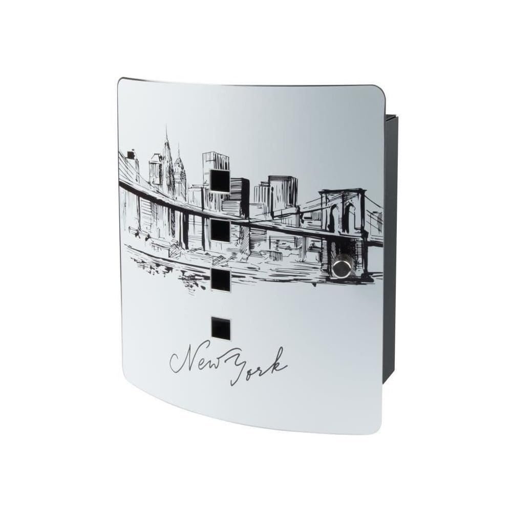 BURG-WCHTER 6204/10 Ni Skyline NY Key Box with Motif, 10 Hooks, Stainless Steel Door with 90 Opening Angle and Magnetic Closure, Black/Stainless Steel