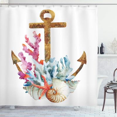 Ambesonne Anchor Shower Curtain, Corals Seaweed Nature Deep Sea Underwater Life Diving Enjoyment Marine Print, Cloth Fabric Bathroom Decor Set with Hooks, 69" W x 75" L, Caramel Multicolor