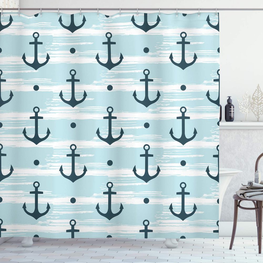 Ambesonne Anchor Shower Curtain, Pattern with Anchors Modern Adventurous Striped Coastline Marine, Cloth Fabric Bathroom Decor Set with Hooks, 69" W x 84" L, Pale Blue
