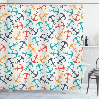 Ambesonne Anchor Shower Curtain, Anchor Shape in Lines Tropics Getaway Ship Cruise Transport Repeating Tile, Cloth Fabric Bathroom Decor Set with Hooks, 69" W x 84" L, Beige Multicolor