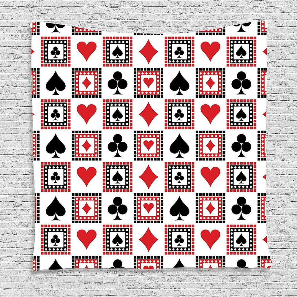 Ambesonne Casino Tapestry, Playings Cards Clubs Hearts Symmetrical Geometric Repeating Ornamental, Wall Hanging for Bedroom Living Room Dorm Decor, 40" X 60", Scarlet Black