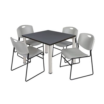 Kee 42" Square Breakroom Table- Grey/ Chrome & 4 Zeng Stack Chairs- Grey