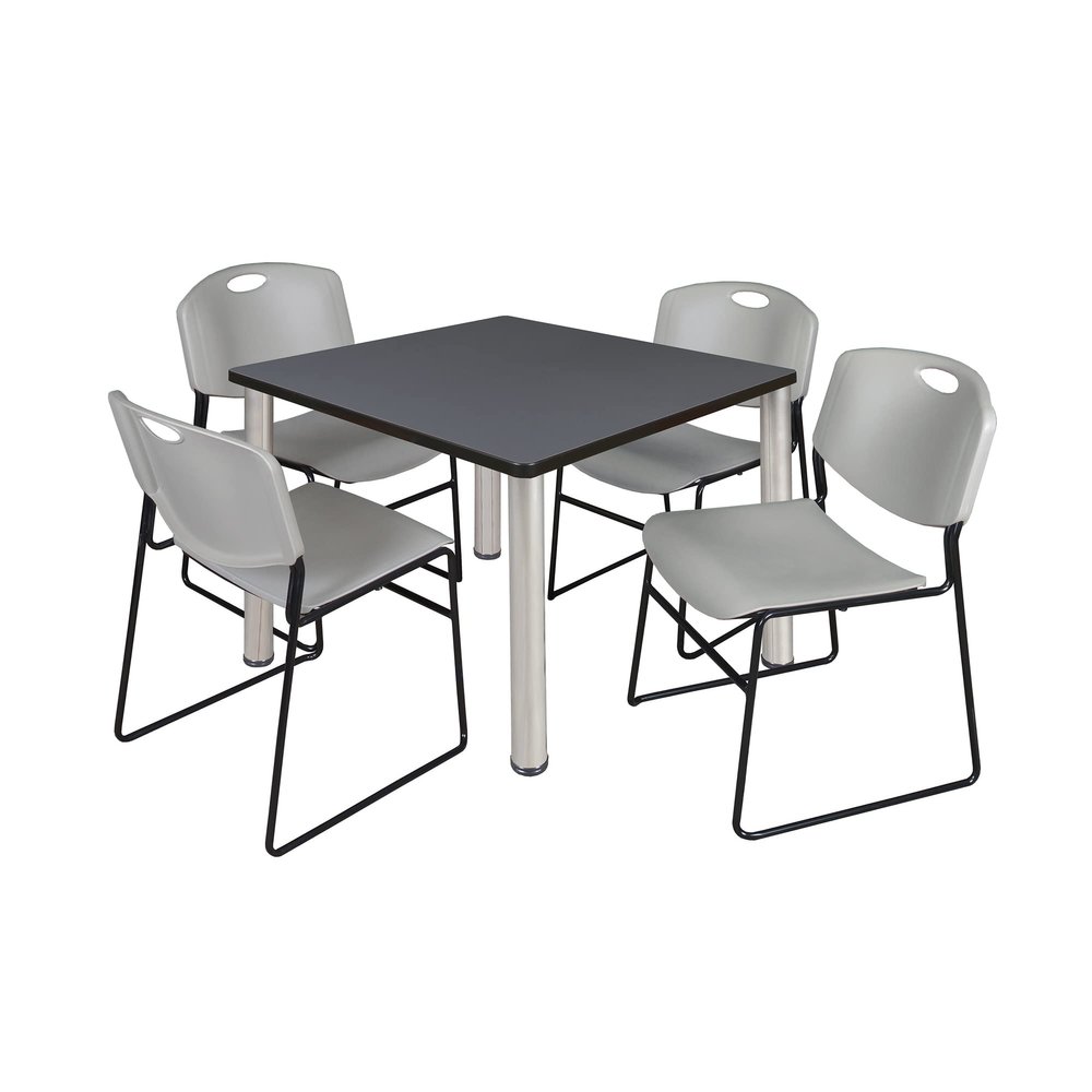 Kee 42" Square Breakroom Table- Grey/ Chrome & 4 Zeng Stack Chairs- Grey