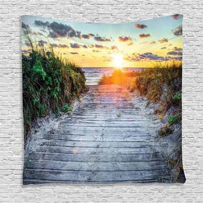 Ambesonne Beach Tapestry, Sunrise at The Seacoast Board Footpath Seascape Peaceful Morning View Scenery Grass, Wall Hanging for Bedroom Living Room Dorm Decor, 40" X 60", Marigold Purpleblue