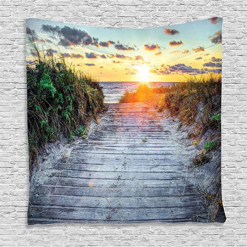 Ambesonne Beach Tapestry, Sunrise at The Seacoast Board Footpath Seascape Peaceful Morning View Scenery Grass, Wall Hanging for Bedroom Living Room Dorm Decor, 40" X 60", Marigold Purpleblue