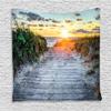 Ambesonne Beach Tapestry, Sunrise at The Seacoast Board Footpath Seascape Peaceful Morning View Scenery Grass, Wall Hanging for Bedroom Living Room Dorm Decor, 40" X 60", Marigold Purpleblue view 1