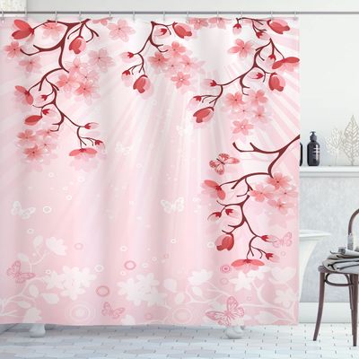 Ambesonne Asian Shower Curtain, Japanese Cherry Blossom Sakura Buds Springtime Travel Destinations Seasonal, Cloth Fabric Bathroom Decor Set with Hooks, 69" W x 70" L, Pink Coral