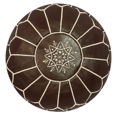 Mina Poufs Stuffed Round Design Moroccan Leather Pouf Ottoman, Handmade, Pre-Filled, 100% Genuine Leather, 13 Height x 20 Diameter, Footstool & Living Room Dcor (Chocolate)