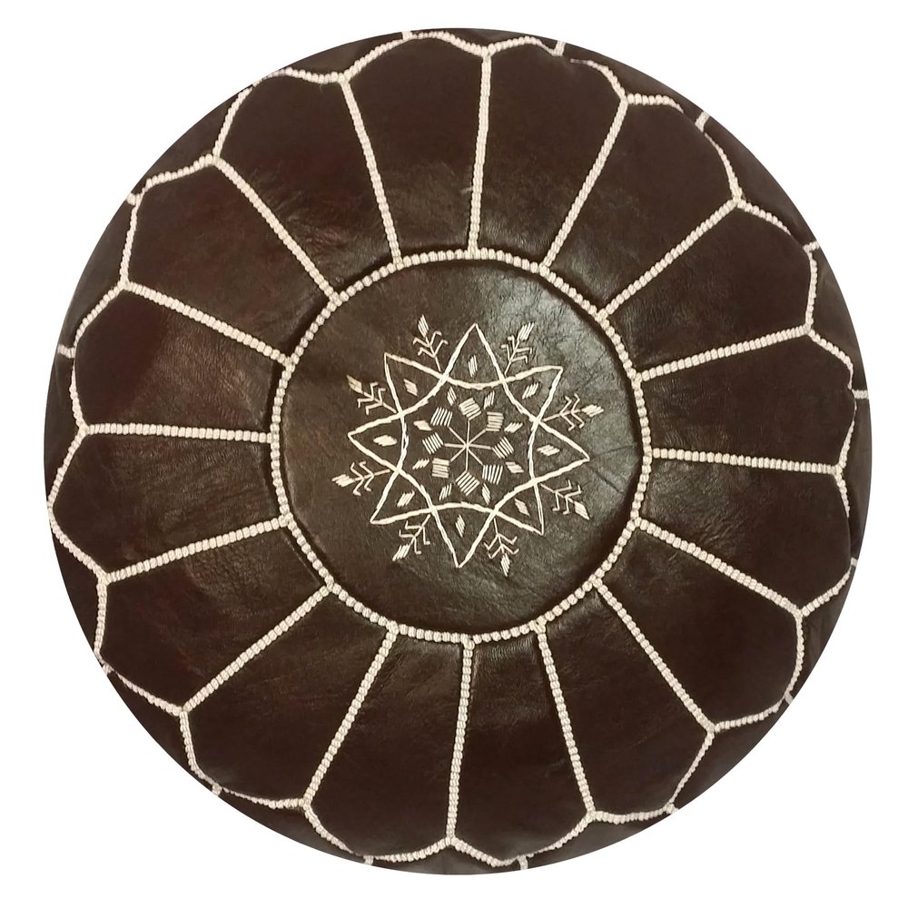 Mina Poufs Stuffed Round Design Moroccan Leather Pouf Ottoman, Handmade, Pre-Filled, 100% Genuine Leather, 13 Height x 20 Diameter, Footstool & Living Room Dcor (Chocolate)