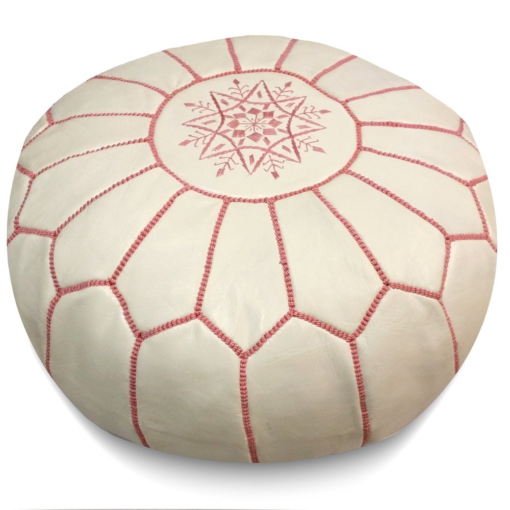 Mina Poufs Stuffed Round Design Moroccan Leather Pouf Ottoman, Handmade, Pre-Filled, 100% Genuine Leather, 13 Height x 20 Diameter, Footstool & Living Room Dcor (White with Pink Stitches)