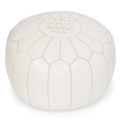 Mina Poufs Stuffed Round Design Moroccan Leather Pouf Ottoman, Handmade, Pre-Filled, 100% Genuine Leather, 13 Height x 20 Diameter, Footstool & Living Room Dcor (White)