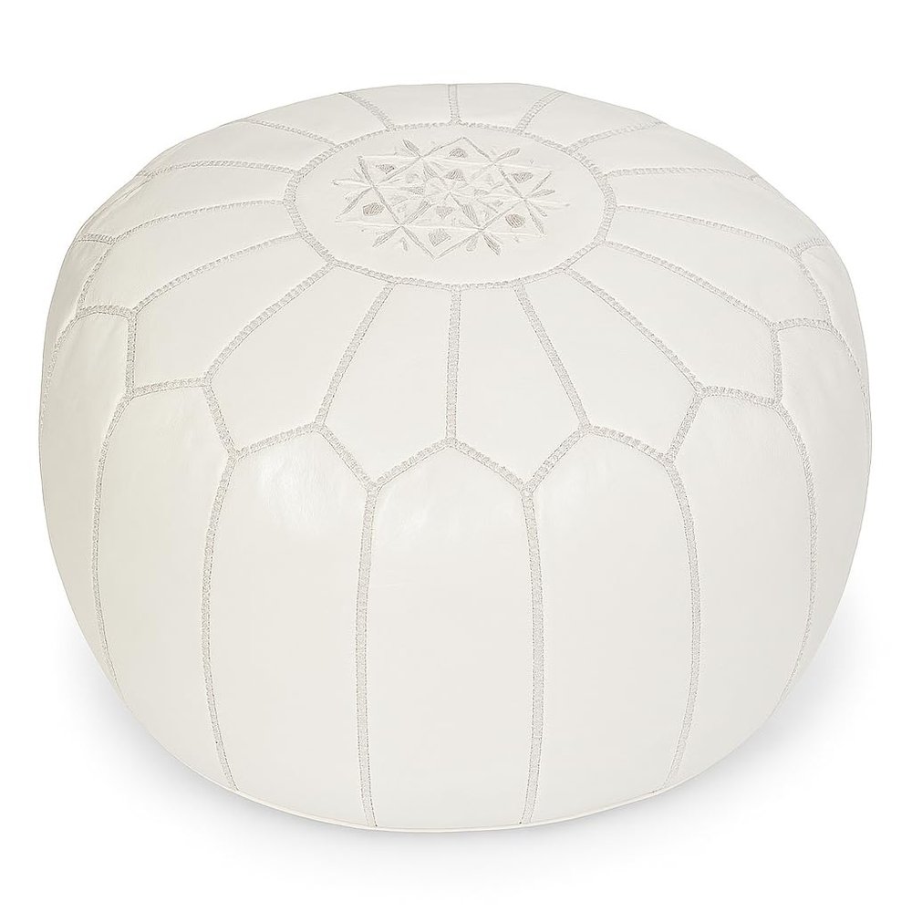 Mina Poufs Stuffed Round Design Moroccan Leather Pouf Ottoman, Handmade, Pre-Filled, 100% Genuine Leather, 13 Height x 20 Diameter, Footstool & Living Room Dcor (White)