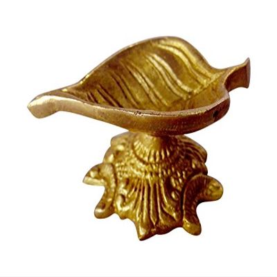Bharat Haat Brass Leaf Design Diya: Spiritual Oil Lamp, Handicraft Art