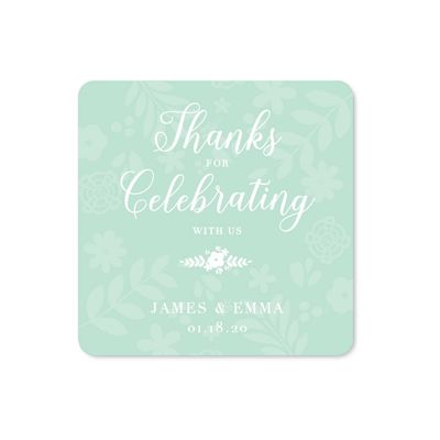 Andaz Press Floral Mint Green Wedding Collection, Personalized Square Label Stickers, Thank You for Celebrating with US, 40-Pack, Custom Name