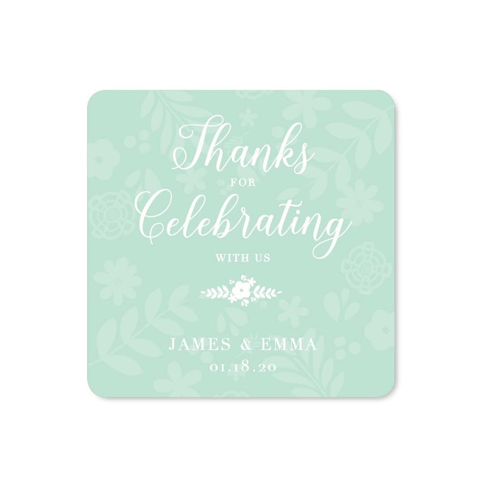 Andaz Press Floral Mint Green Wedding Collection, Personalized Square Label Stickers, Thank You for Celebrating with US, 40-Pack, Custom Name