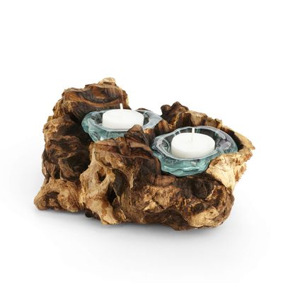 Cohasset Molten Glass | #652-2 | Double Molten Glass Candle Holder | Tea Light Candle Holder | Natural Wood and Recycled Glass |