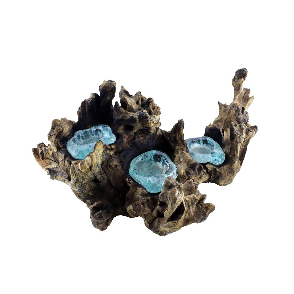 Cohasset Molten Glass | #652-3 | Triple Molten Glass Candle Holder | Tea Light Candle Holder | Natural Wood and Recycled Glass |