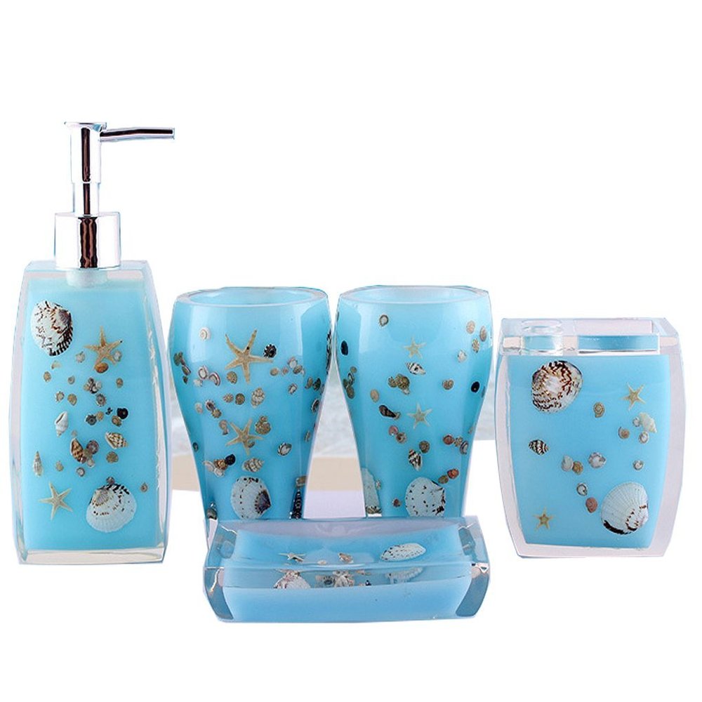FangBoo Classy Resin Bathroom Accessories Set 5PCS Adorned with 3D Starfishes.