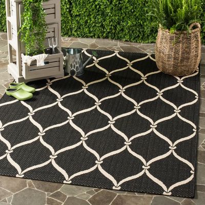 SAFAVIEH Washable Rug Outdoor Courtyard Collection - 5'3" x 7'7", Black & Beige, Non-Shedding & Easy Cleaning, Ideal for Patio, Backyard, Mudroom (CY6654-256)
