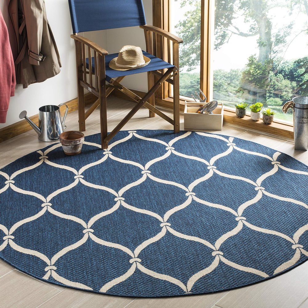 SAFAVIEH Courtyard Collection 6'7" Round Navy/Beige CY6654 Indoor/-Outdoor Waterproof Easy-Cleaning Patio Backyard Mudroom Area-Rug