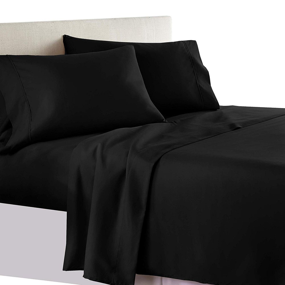 1000TC Luxurious Super Quality 100% Egyptian Cotton 4PC Bed Sheet Set 15" Inch Extra Deep Pocket California/Western/King-Cal King, Black Solid