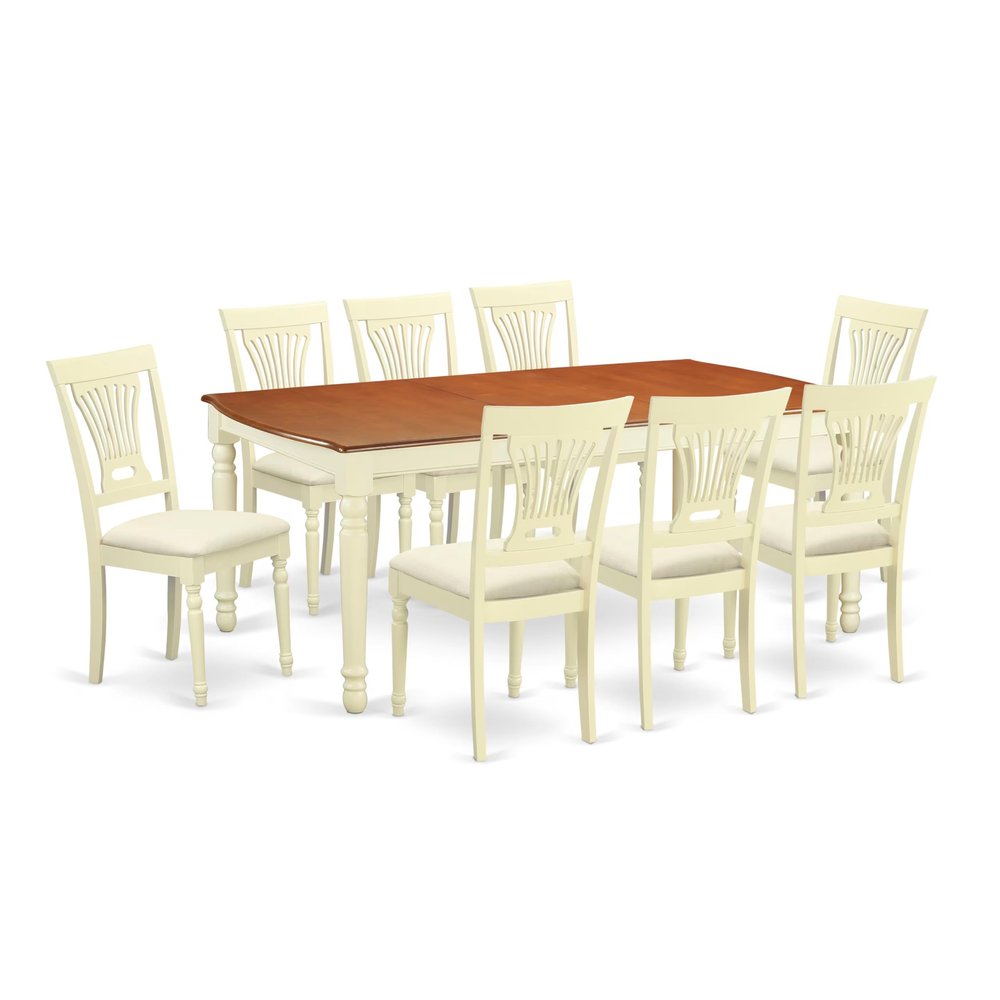 East West Furniture DOPL9-WHI-C 9 Piece Dining Table Set Includes a Rectangle Dining Room Table with Butterfly Leaf and 8 Linen Fabric Upholstered Chairs, 42x78 Inch, Buttermilk & Cherry