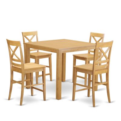 East West Furniture CFQU5-OAK-W 5 Piece Counter Height Pub Set Includes a Square Dining Table and 4 Dining Room Chairs, 42x42 Inch, Oak