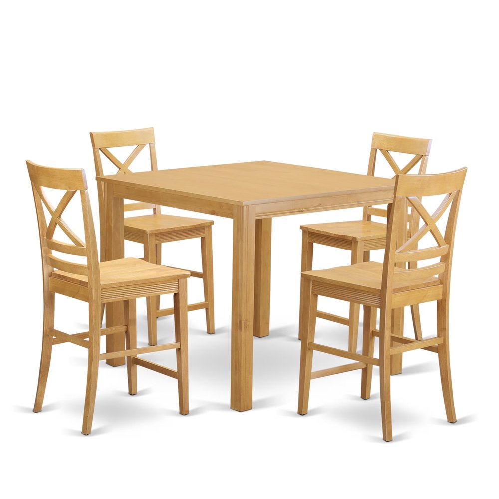 East West Furniture CFQU5-OAK-W 5 Piece Counter Height Pub Set Includes a Square Dining Table and 4 Dining Room Chairs, 42x42 Inch, Oak