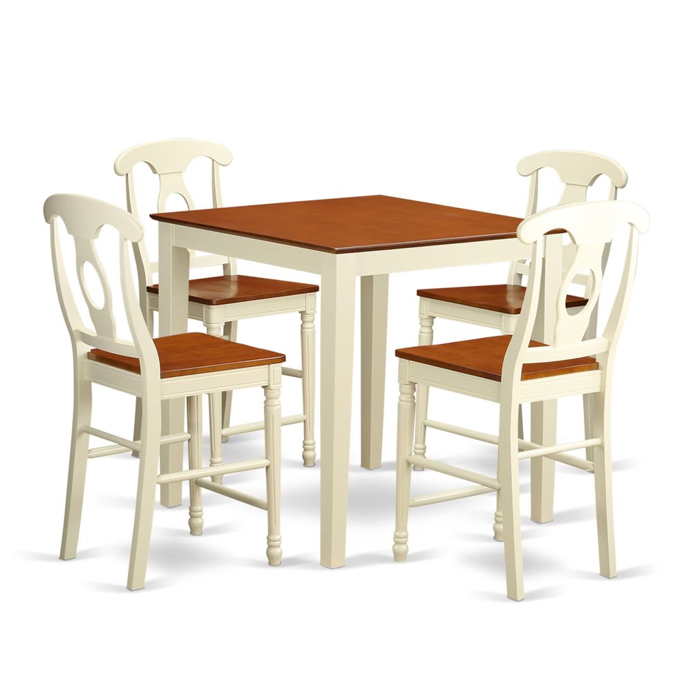 East West Furniture VNKE5-WHI-W 5 Piece Kitchen Counter Set Includes a Square Dining Table and 4 Dining Room Chairs, 36x36 Inch, Buttermilk & Cherry