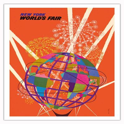 1964 New York Worlds Fair - The Unisphere Globe - Vintage Travel Poster by David Klein c.1964 - Fine Art Matte Paper Print (Unframed) 30x44in