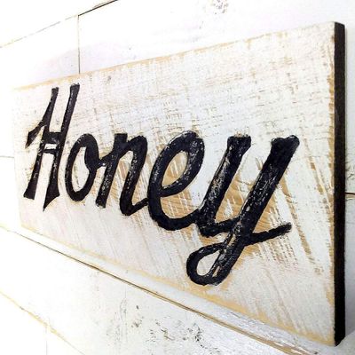 Honey Sign - Carved in a 30" x 10" Solid Wood Board | Rustic Distressed | Farmhouse Style | Handmade in NC