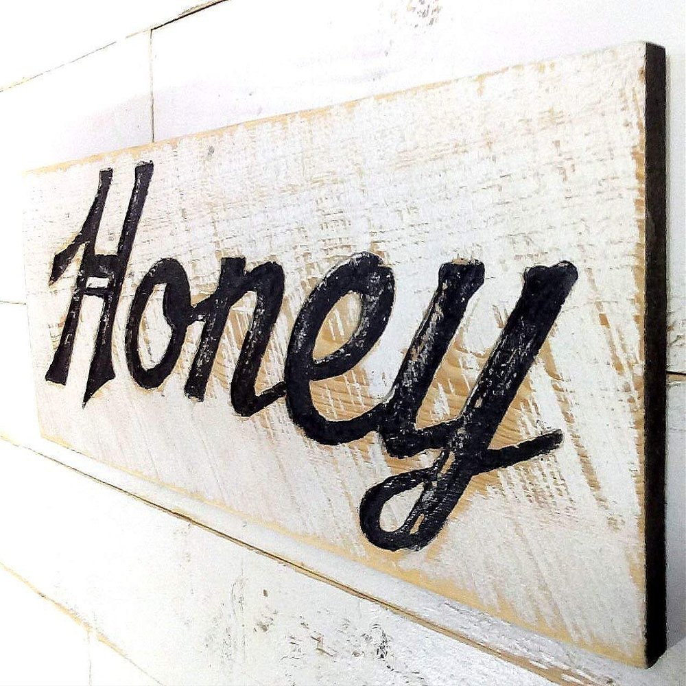 Honey Sign - Carved in a 30" x 10" Solid Wood Board | Rustic Distressed | Farmhouse Style | Handmade in NC