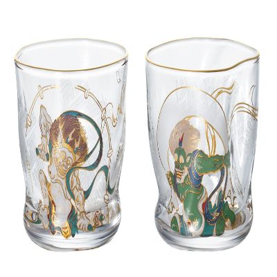 ADERIA S6226 Japanese Sake Glasses, Fujin and Thunder Sake Glass Pair Set, 3.4 fl oz (100 ml), Pair Set, Made in Japan, Comes in a Cosmetic Box, Guinrinks, Glasses, Stylish Gift, Women's, Mother's