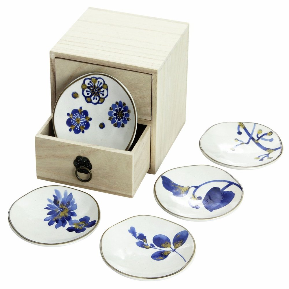 01894 Ceramic Indigo, Indigo Flowers, Small Plates, Multicolor, Drawer Wooden Box