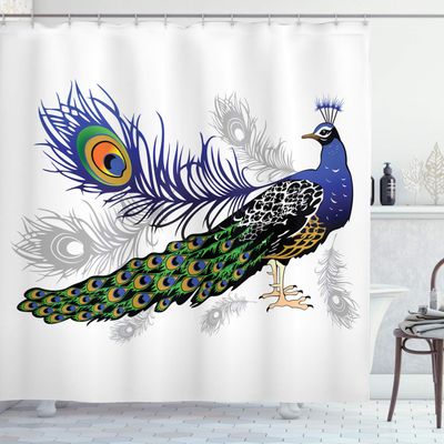 Ambesonne Peacock Shower Curtain, Male Peacock Feathers Springtime Wilderness Crowned Majestic Animal Pattern, Cloth Fabric Bathroom Decor Set with Hooks, 69" W x 84" L, Night Blue Charcoal Grey