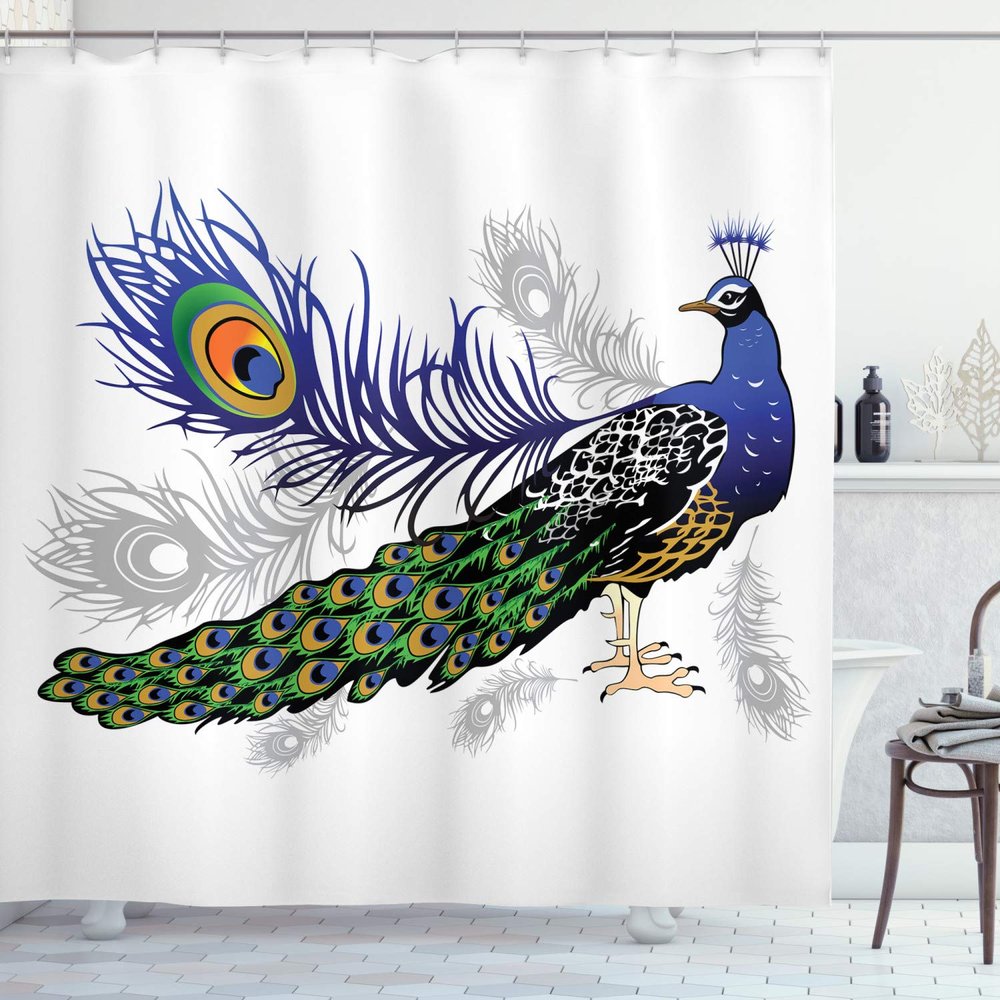 Ambesonne Peacock Shower Curtain, Male Peacock Feathers Springtime Wilderness Crowned Majestic Animal Pattern, Cloth Fabric Bathroom Decor Set with Hooks, 69" W x 84" L, Night Blue Charcoal Grey